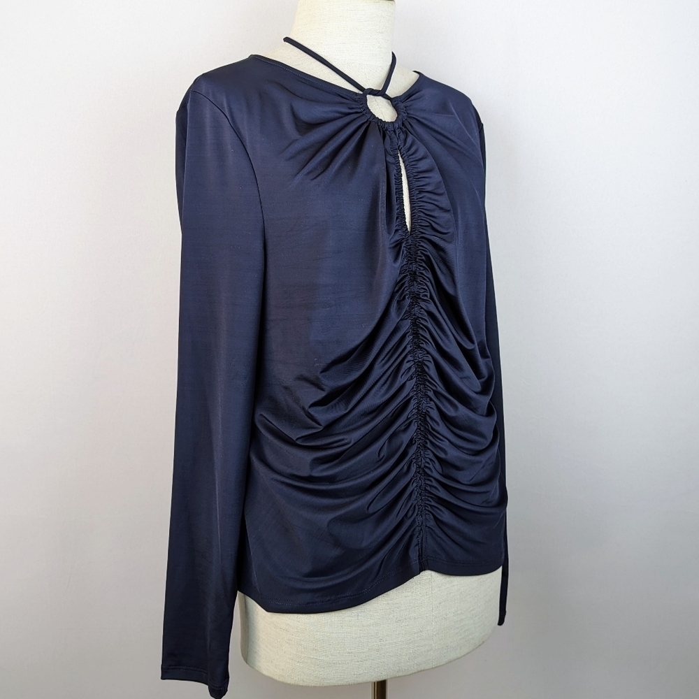 Veronica Beard Rogue Top Halter Neck Tie Ruched Detail Long Sleeve Navy 12 NWT - Picture 3 of 13
